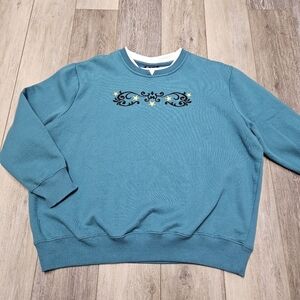 Pembrook Fleece Crewneck Sweatshirt Teal Embroidered Star Women's Large Athletic